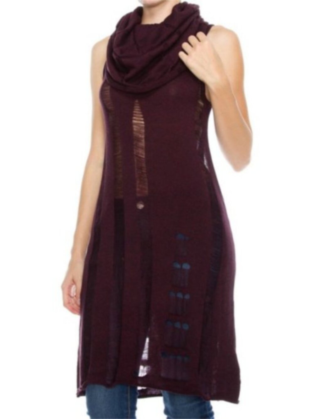 Luxe Cowl Neck Ripped Tunic Sweater Maroon Sleeveless Size S
